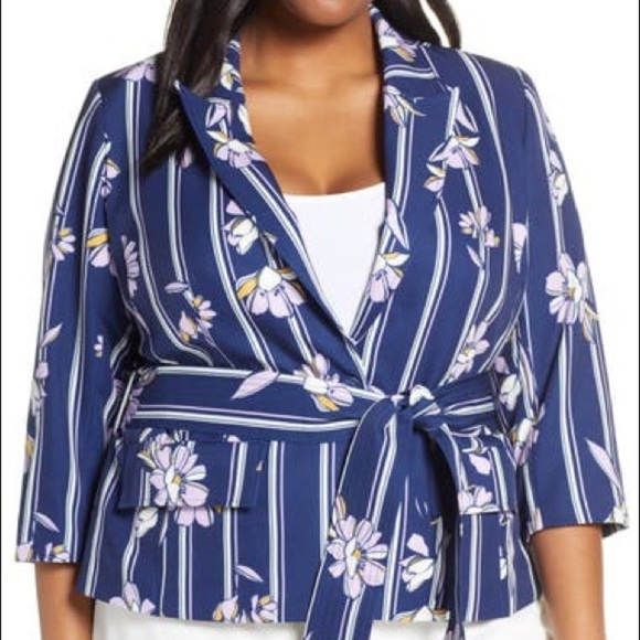 Eloquii Purple Floral Striped stretchy belted blazer Jacket - Picture 2 of 15